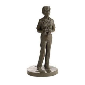 The 8" Female CPO Statue depicts a female officer in uniform standing on a round base, holding binoculars.