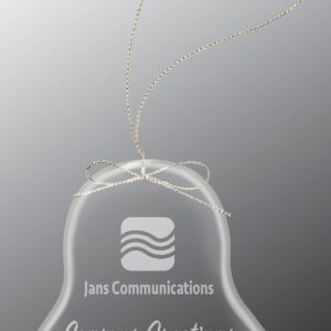 Import placeholder for 4512: Frosted glass bell ornament with logo and "Seasons Greetings," hung by a gold string.