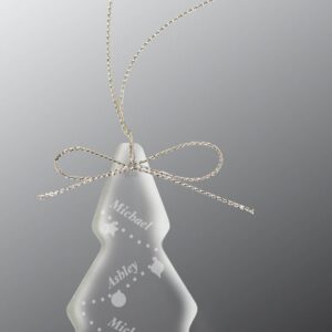 Clear glass ornament featuring engraved names "Michael, Ashley, Michelle, Shawn, The Bradfords" with decorative accents.