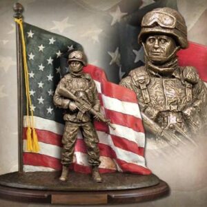 Import placeholder for 3536 features a bronze soldier statue with a rifle beside a U.S. flag and a close-up background view.