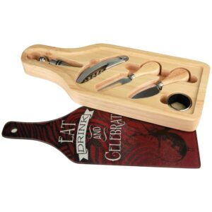 Import placeholder for 7037: Wooden cheese board set with utensils and a mini "Eat, Drink, and Celebrate" board.
