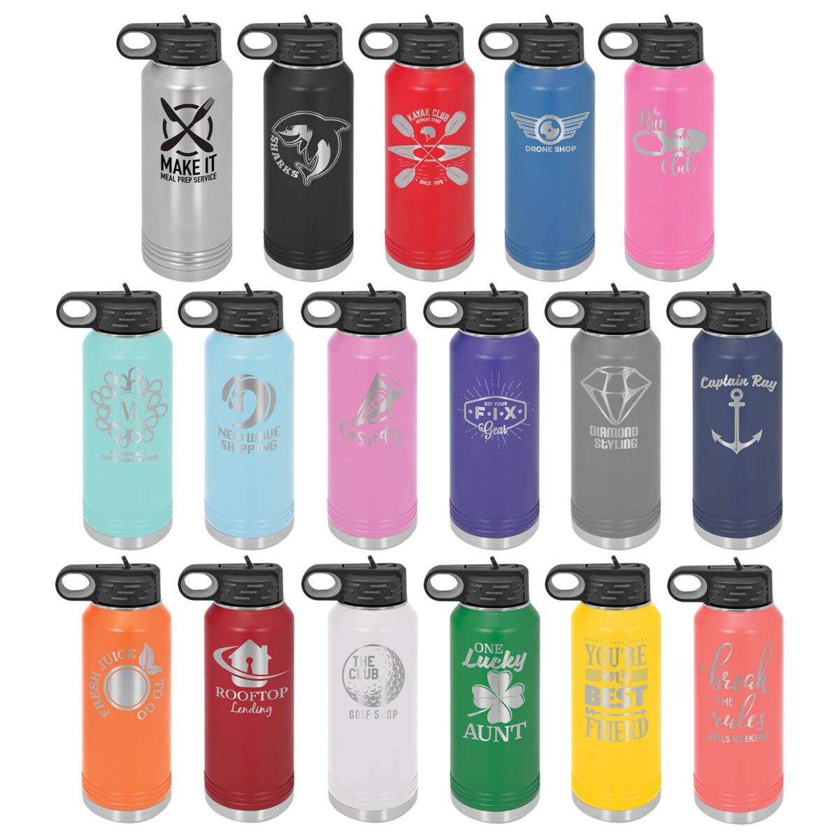 Import placeholder for 17710: Set of 16 colorful water bottles, each with unique prints and black flip-top lids.