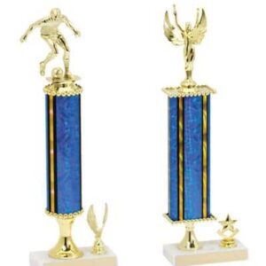 Two blue and gold Import placeholder for 4303 trophies: one with a soccer player, the other with a winged woman on top.