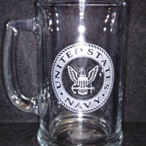 Import placeholder for 4676 glass mug with the US Navy emblem etched on the front, shown against a dark background.