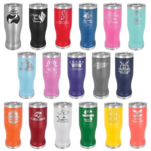 Seventeen Import placeholder for 13491 tumblers are arranged in rows, each featuring a unique etched front logo or design.