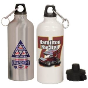 Two Import placeholder for 4443 bottles: silver with triathlon logo, white with racing design, both have carabiner clips.