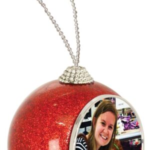Import placeholder for 4519 is a red glittery ornament with a photo of a smiling woman and child and a silver hanging loop.