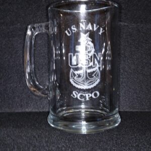 Import placeholder for 4697: Clear glass mug with handle, engraved "US NAVY," anchor, "USN," and "SCPO" on front.