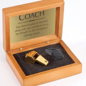 Import placeholder for 6068: Wooden box with gold/black whistle and custom inscribed plaque for a coach.