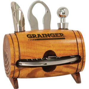 Barrel-shaped holder with four metal wine tools, featuring the "GRAINGER" logo on the front.