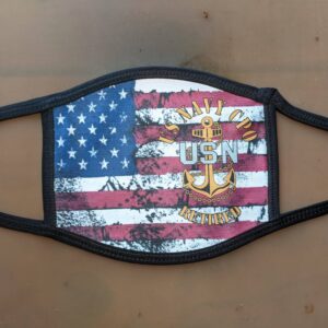 Cloth face mask featuring a US flag and "NAVY CHIEF USN RETIRED" emblem on the front. Product: Import placeholder 13481.