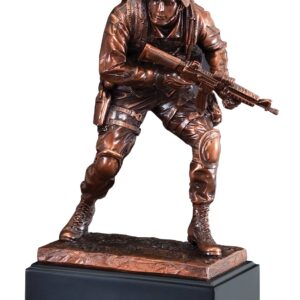 Import placeholder for 1110: Bronze soldier statue in combat gear, crouched with rifle on a black base.
