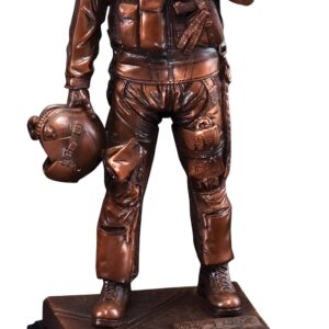 Import placeholder for 1114: Bronze statue of pilot in flight gear with helmet, on black rectangular base.