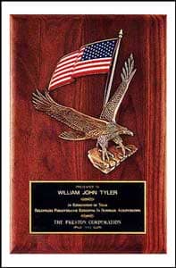 Import placeholder for 1167: Wooden plaque with eagle, American flag, and engraved dedication plate.