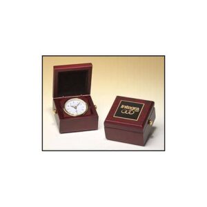 Two burgundy wooden "Import placeholder for 1175" boxes: one open with a clock, one closed with gold Integra logo.