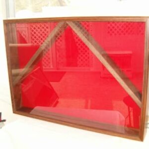Import placeholder for 1253: Triangular wooden display case with a red-tinted transparent front panel.
