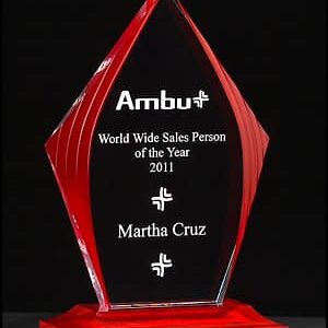 A red and clear glass award reads "Import placeholder for 1453, World Wide Sales Person of the Year 2011, Martha Cruz, Ambu.