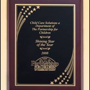 Import placeholder for 1476: Wooden plaque awarded to Child Care Solutions as 2008 Shining Star by Partnership for Children.