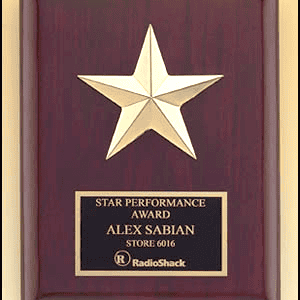 A wooden plaque labeled "Import placeholder for 1491" with a gold star and an engraved "Star Performance Award.