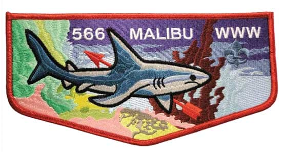 Custom Patch featuring a shark, coral reef, "566 MALIBU WWW," fleur-de-lis, and red border.
