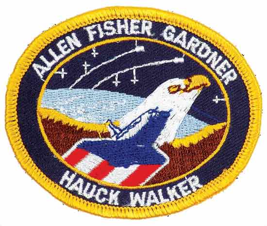 Embroidered patch featuring eagle, space shuttle, stars, and names: Allen, Fisher, Gardner, Hauck & Walker.