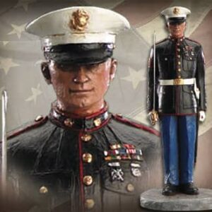 A Marine in dress uniform stands at attention before an American flag. Import placeholder for 3530.