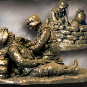 Import placeholder for 3532: Bronze sculptures show soldiers aiding a wounded comrade and writing behind sandbags.