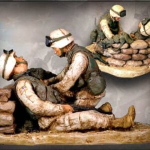 Two soldiers in combat gear; one aids the other, injured, behind Import placeholder for 3534.