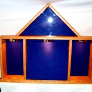 Import placeholder for 900: Wooden display case with 3 lower compartments and a triangle top, lined in dark blue fabric.